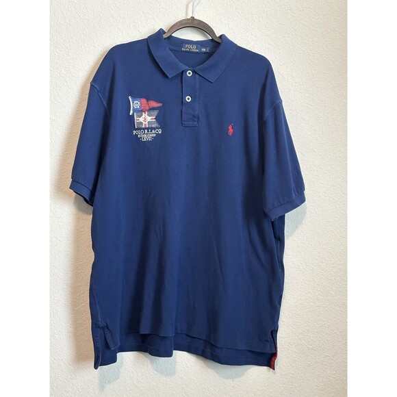 Polo Ralph Lauren Men's Navy Blue Pennants Flags LXVII Polo Shirt Size XX Large - Picture 1 of 2
